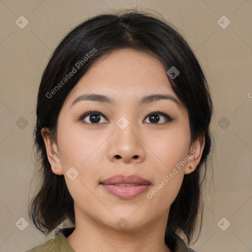 Neutral asian young-adult female with medium  brown hair and brown eyes