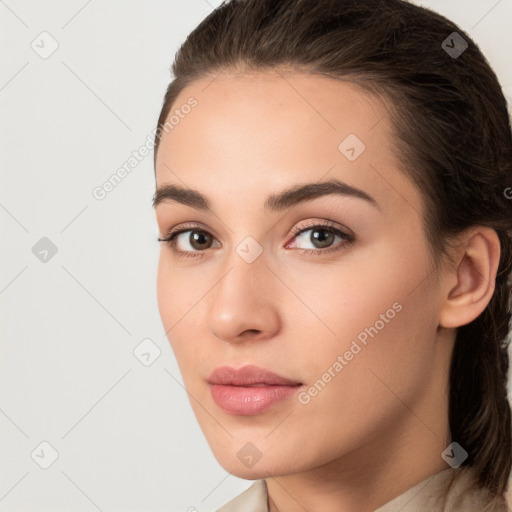 Neutral white young-adult female with medium  brown hair and brown eyes