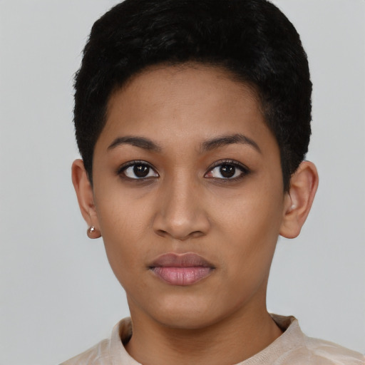 Neutral latino young-adult female with short  black hair and brown eyes
