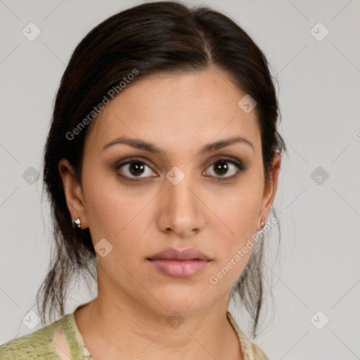 Neutral white young-adult female with medium  brown hair and brown eyes