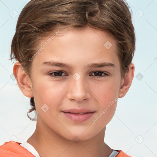 Joyful white child female with short  brown hair and brown eyes