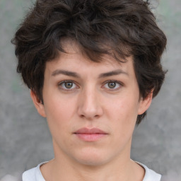 Neutral white young-adult female with short  brown hair and brown eyes