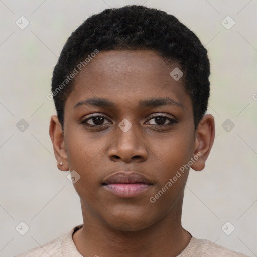 Neutral black young-adult female with short  black hair and brown eyes
