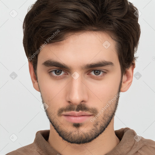 Neutral white young-adult male with short  brown hair and brown eyes