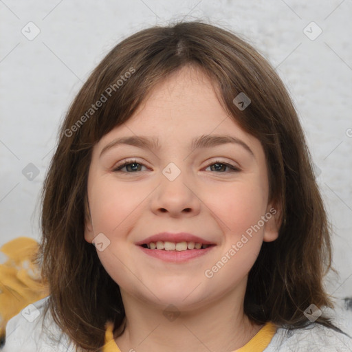 Joyful white child female with medium  brown hair and brown eyes