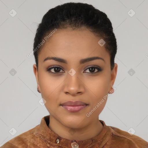 Joyful latino young-adult female with short  black hair and brown eyes