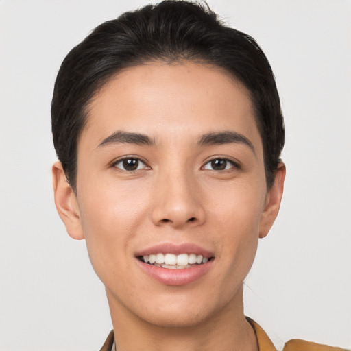 Joyful white young-adult female with short  brown hair and brown eyes