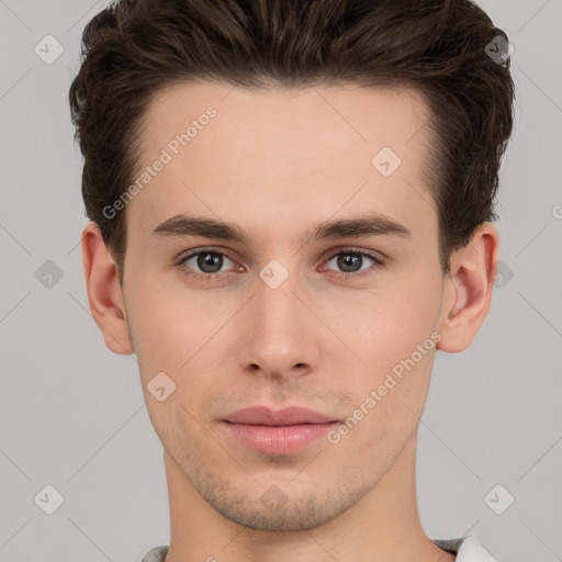 Neutral white young-adult male with short  brown hair and brown eyes