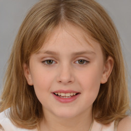 Joyful white child female with medium  brown hair and brown eyes