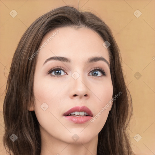 Neutral white young-adult female with long  brown hair and brown eyes