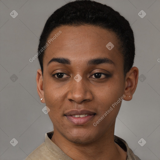 Joyful latino young-adult female with short  black hair and brown eyes