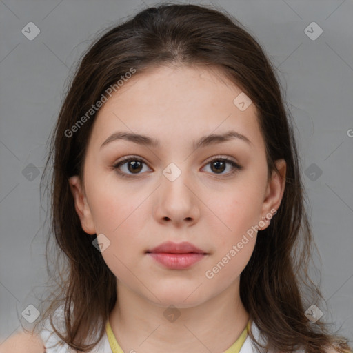 Neutral white young-adult female with medium  brown hair and brown eyes