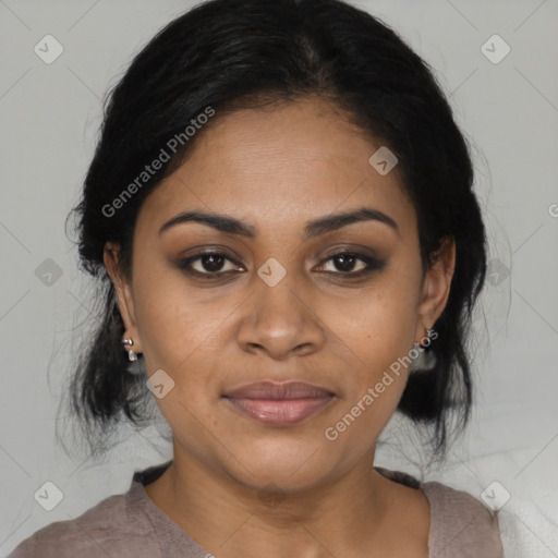 Joyful latino young-adult female with medium  black hair and brown eyes
