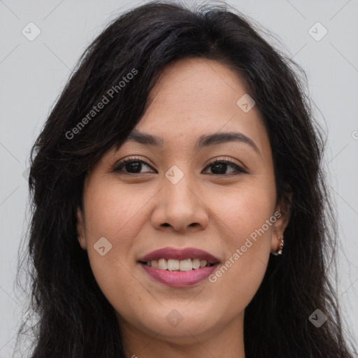 Joyful asian young-adult female with long  brown hair and brown eyes