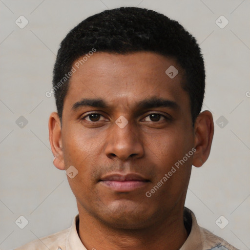 Neutral latino young-adult male with short  black hair and brown eyes