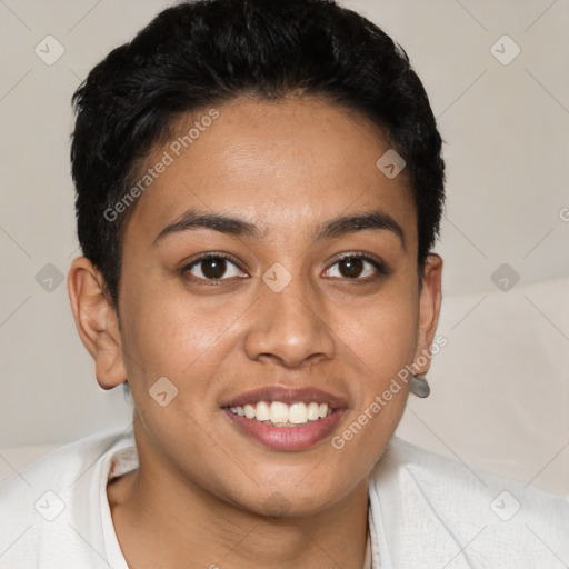 Joyful latino young-adult female with short  brown hair and brown eyes