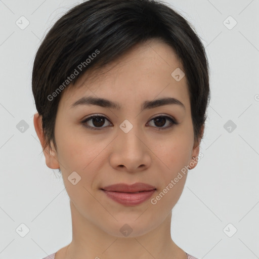 Joyful asian young-adult female with short  brown hair and brown eyes