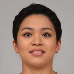 Joyful asian young-adult female with short  brown hair and brown eyes