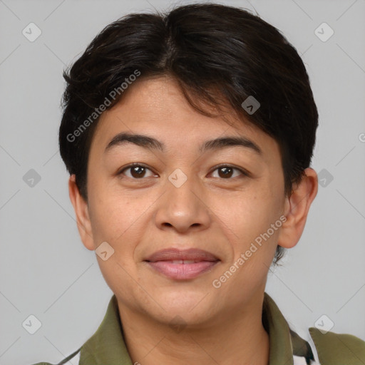 Joyful asian young-adult female with short  brown hair and brown eyes