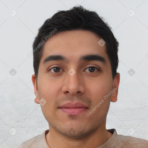 Neutral asian young-adult male with short  black hair and brown eyes