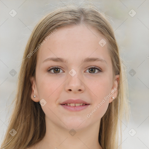 Joyful white child female with medium  brown hair and brown eyes