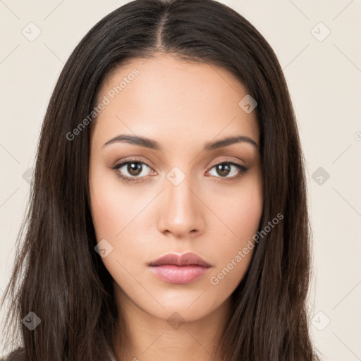 Neutral white young-adult female with long  brown hair and brown eyes