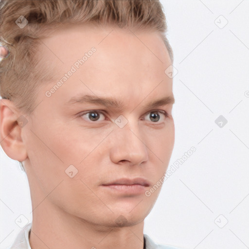 Neutral white young-adult male with short  brown hair and grey eyes