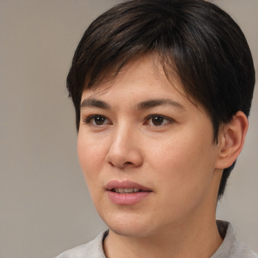 Joyful asian young-adult female with short  brown hair and brown eyes