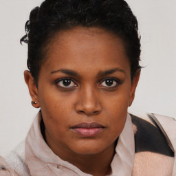 Neutral black young-adult female with short  brown hair and brown eyes