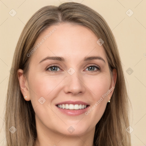 Joyful white young-adult female with long  brown hair and grey eyes