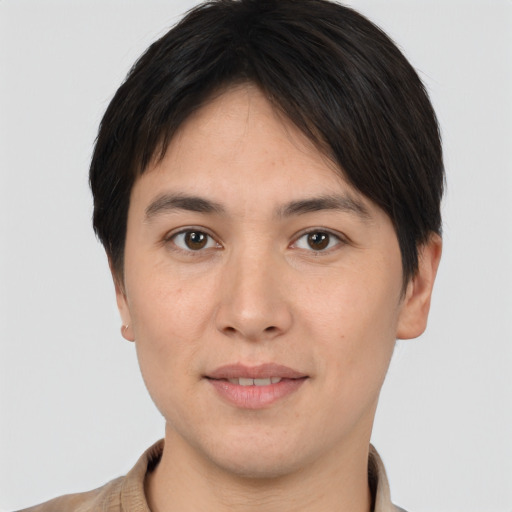Joyful asian young-adult male with short  brown hair and brown eyes