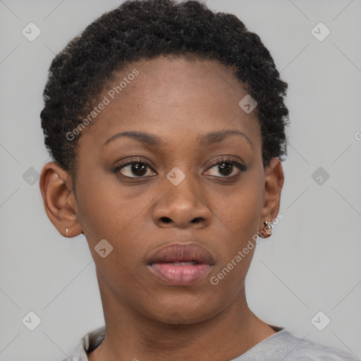 Neutral black young-adult female with short  brown hair and brown eyes