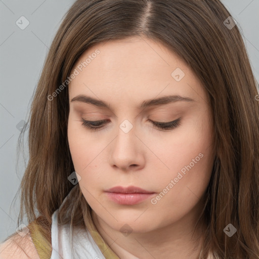 Neutral white young-adult female with long  brown hair and brown eyes