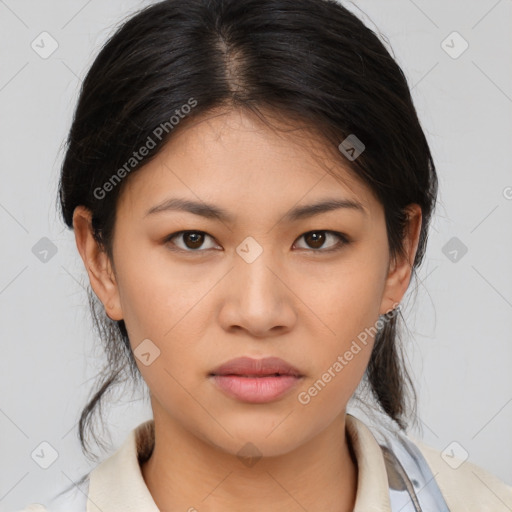 Neutral asian young-adult female with medium  brown hair and brown eyes