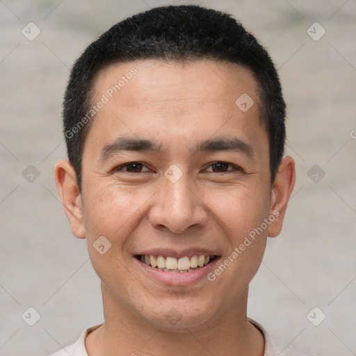 Joyful white young-adult male with short  brown hair and brown eyes