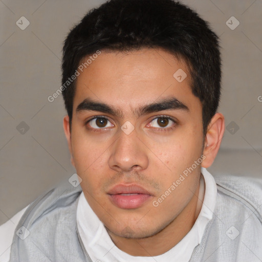 Neutral latino young-adult male with short  brown hair and brown eyes