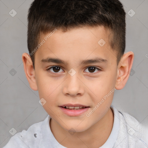 Joyful white child male with short  brown hair and brown eyes