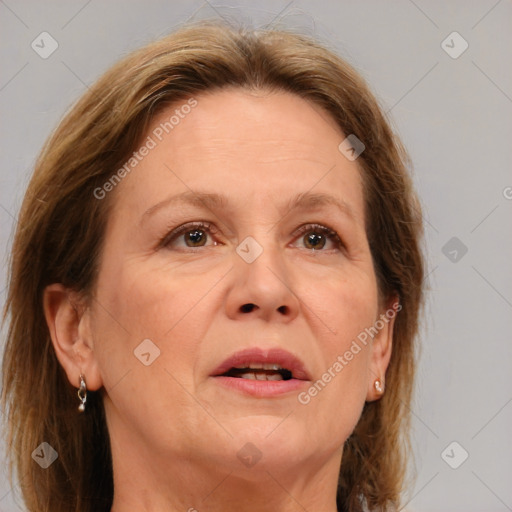 Joyful white adult female with medium  brown hair and brown eyes