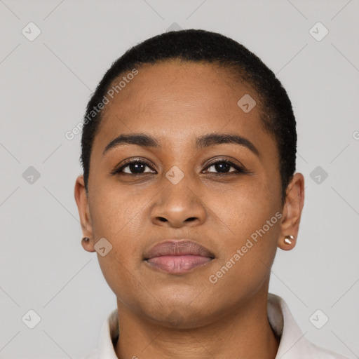 Neutral black young-adult female with short  black hair and brown eyes