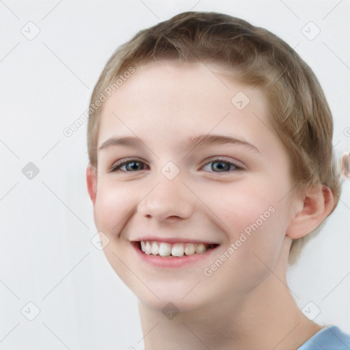 Joyful white child female with short  brown hair and brown eyes