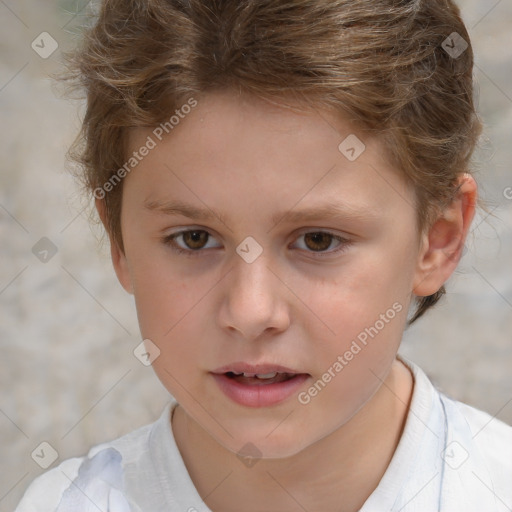 Joyful white child female with short  brown hair and brown eyes