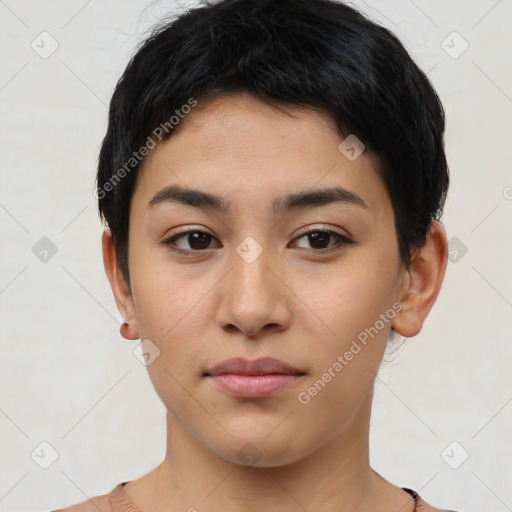 Neutral latino young-adult female with short  black hair and brown eyes