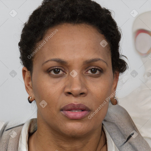 Joyful black adult female with short  brown hair and brown eyes