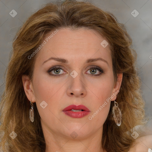 Joyful white young-adult female with long  brown hair and green eyes