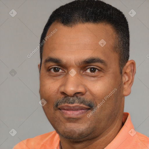 Joyful latino adult male with short  black hair and brown eyes