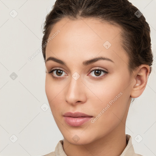 Neutral white young-adult female with medium  brown hair and brown eyes