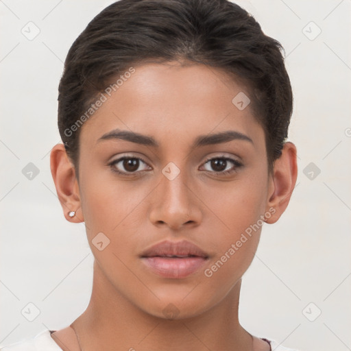 Neutral white young-adult female with short  brown hair and brown eyes