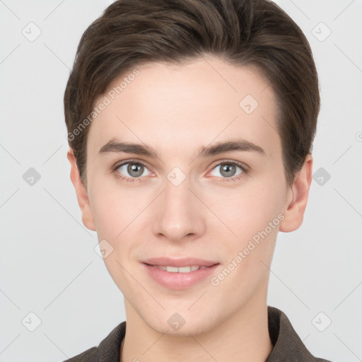 Joyful white young-adult female with short  brown hair and brown eyes