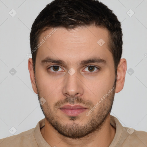 Neutral white young-adult male with short  brown hair and brown eyes