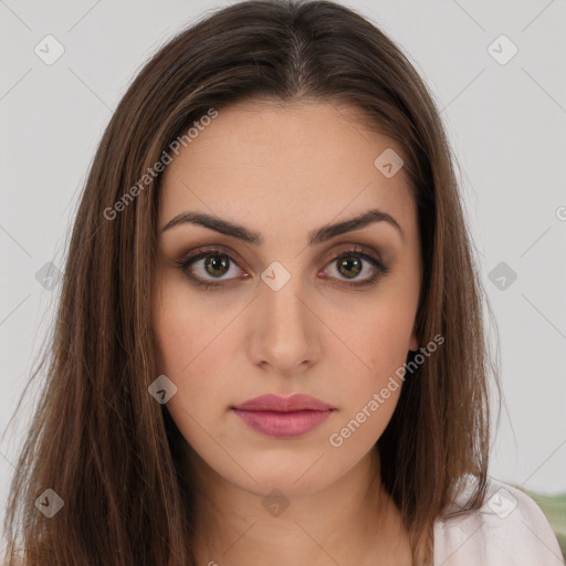 Neutral white young-adult female with long  brown hair and brown eyes